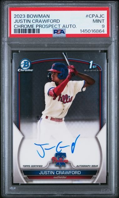 Graded 2023 Topps Bowman Chrome Justin Crawford #CPAJC Chrome Prospect Auto Rookie RC Baseball Card PSA 9 Gem Mint