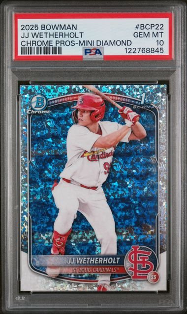 Graded 2025 Topps Bowman JJ Wetherholt #BCP22 Chrome Prospects Mini Diamond Rookie RC Baseball Card PSA 10 Gem Mint