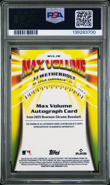 Graded 2025 Topps Bowman Chrome JJ Wetherholt #MVAJW /99 Max Volume Autograph Rookie RC Baseball Card PSA 10 Gem Mint