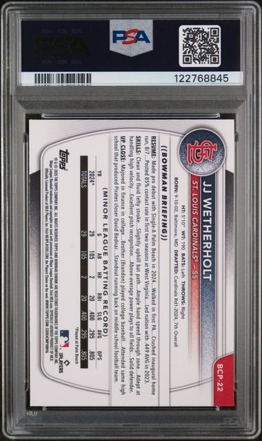 Graded 2025 Topps Bowman JJ Wetherholt #BCP22 Chrome Prospects Mini Diamond Rookie RC Baseball Card PSA 10 Gem Mint