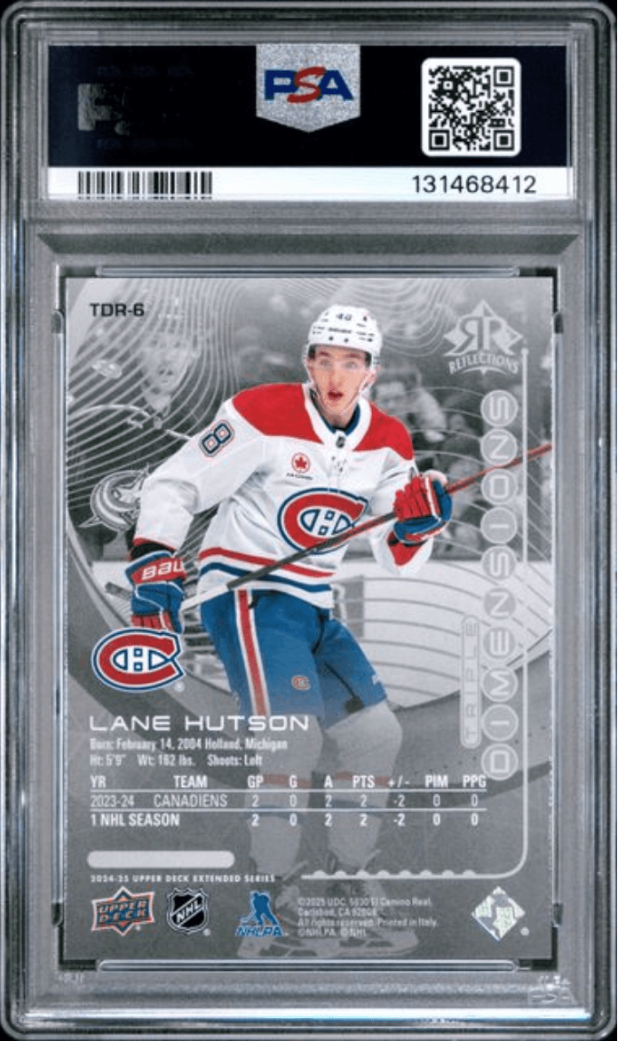 Graded 2024 Upper Deck Lane Hutson #TDR6 TPL Dimensions Reflections Rookie RC Hockey Card PSA 10 Gem Mint