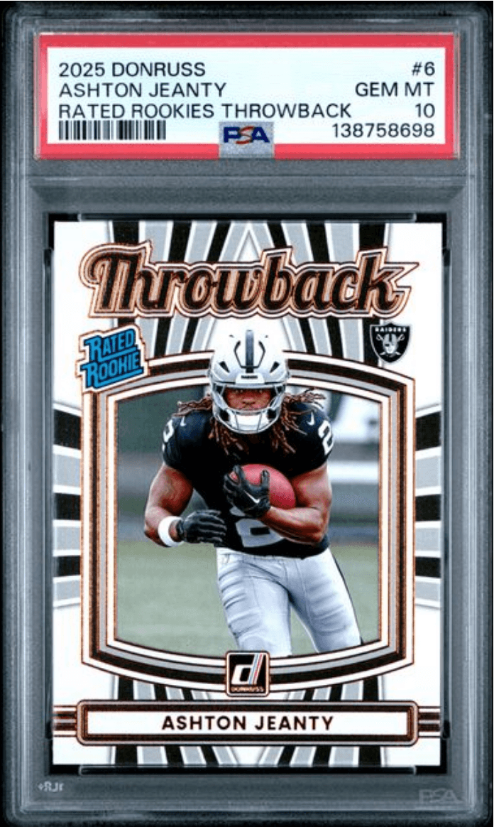 Graded 2025 Panini Donruss Ashton Jeanty #6 Rated Rookies Throwback Rookie RC Football Card PSA 10 Gem Mint