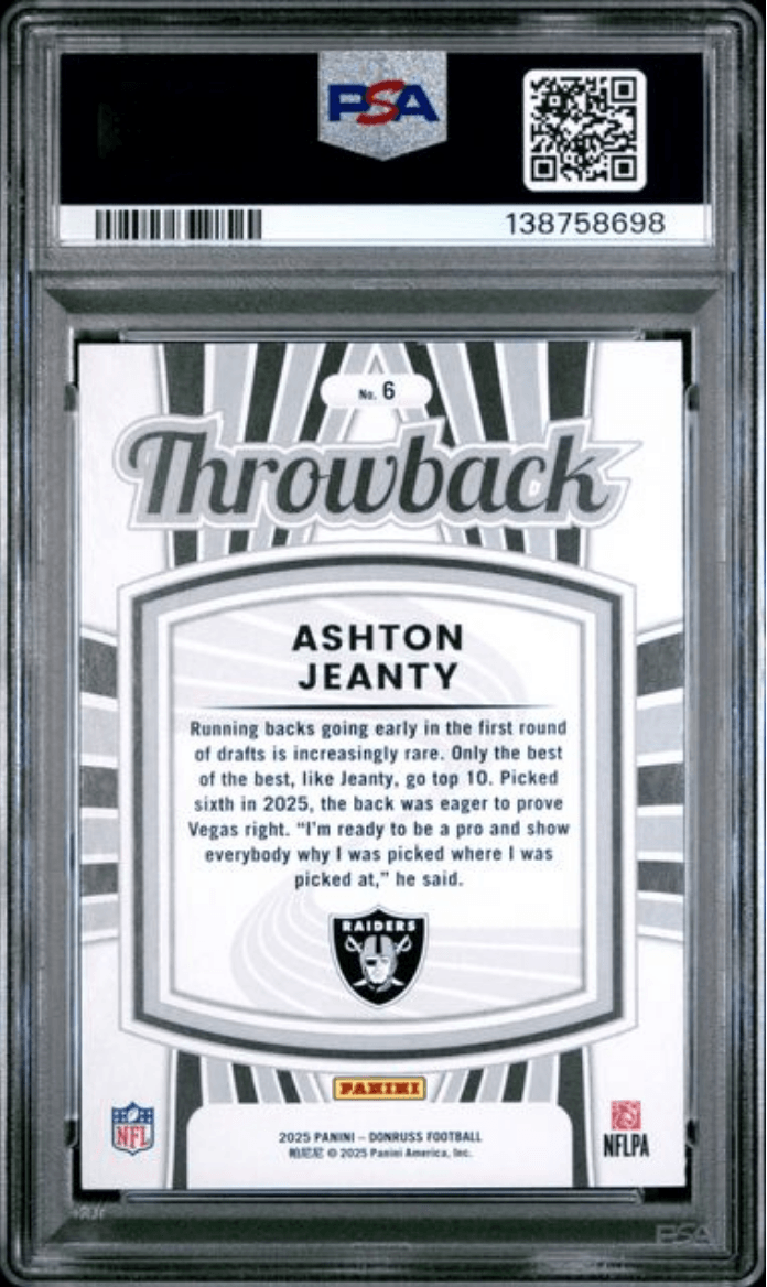 Graded 2025 Panini Donruss Ashton Jeanty #6 Rated Rookies Throwback Rookie RC Football Card PSA 10 Gem Mint