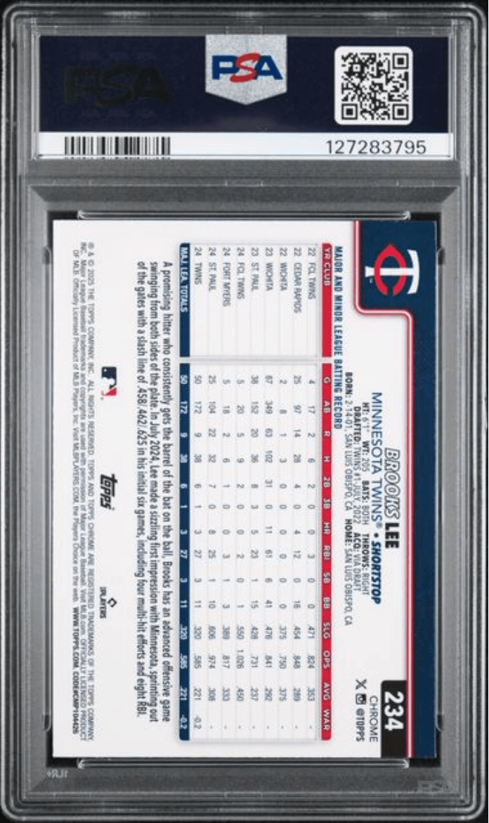Graded 2025 Topps Chrome Brooks Lee #234 Topps Refractor Rookie RC Baseball Card PSA 10 Gem Mint