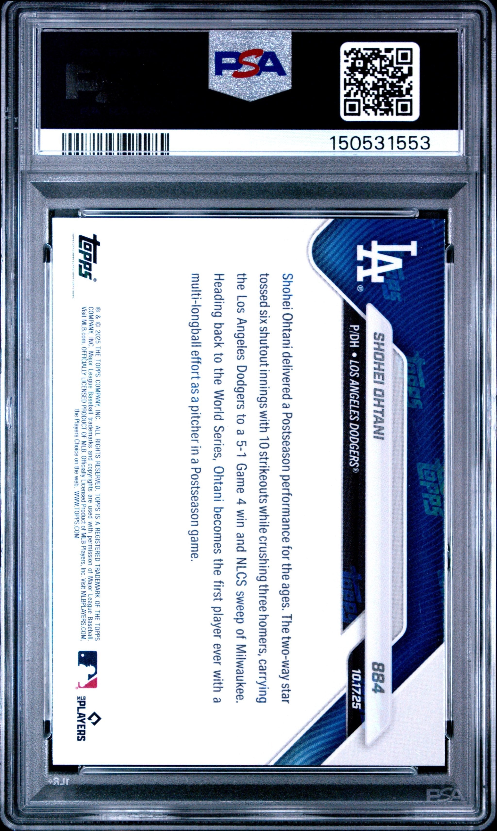 Graded 2025 Topps Now Shohei Ohtani #884 Baseball Card PSA 10 Gem Mint