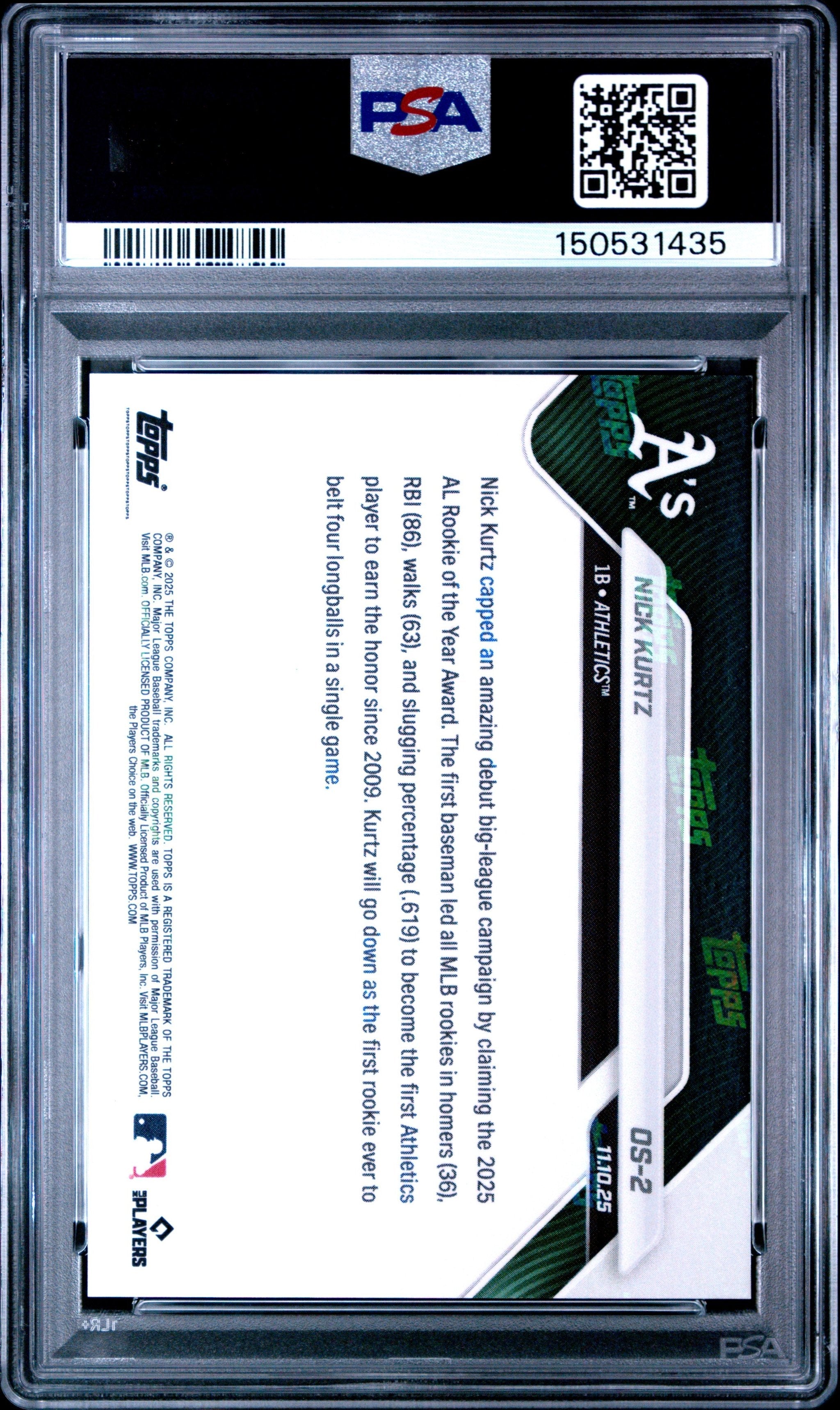 Graded 2025 Topps Now Nick Kurtz #OS2 Offseason Rookie RC Baseball Card PSA 10 Gem Mint