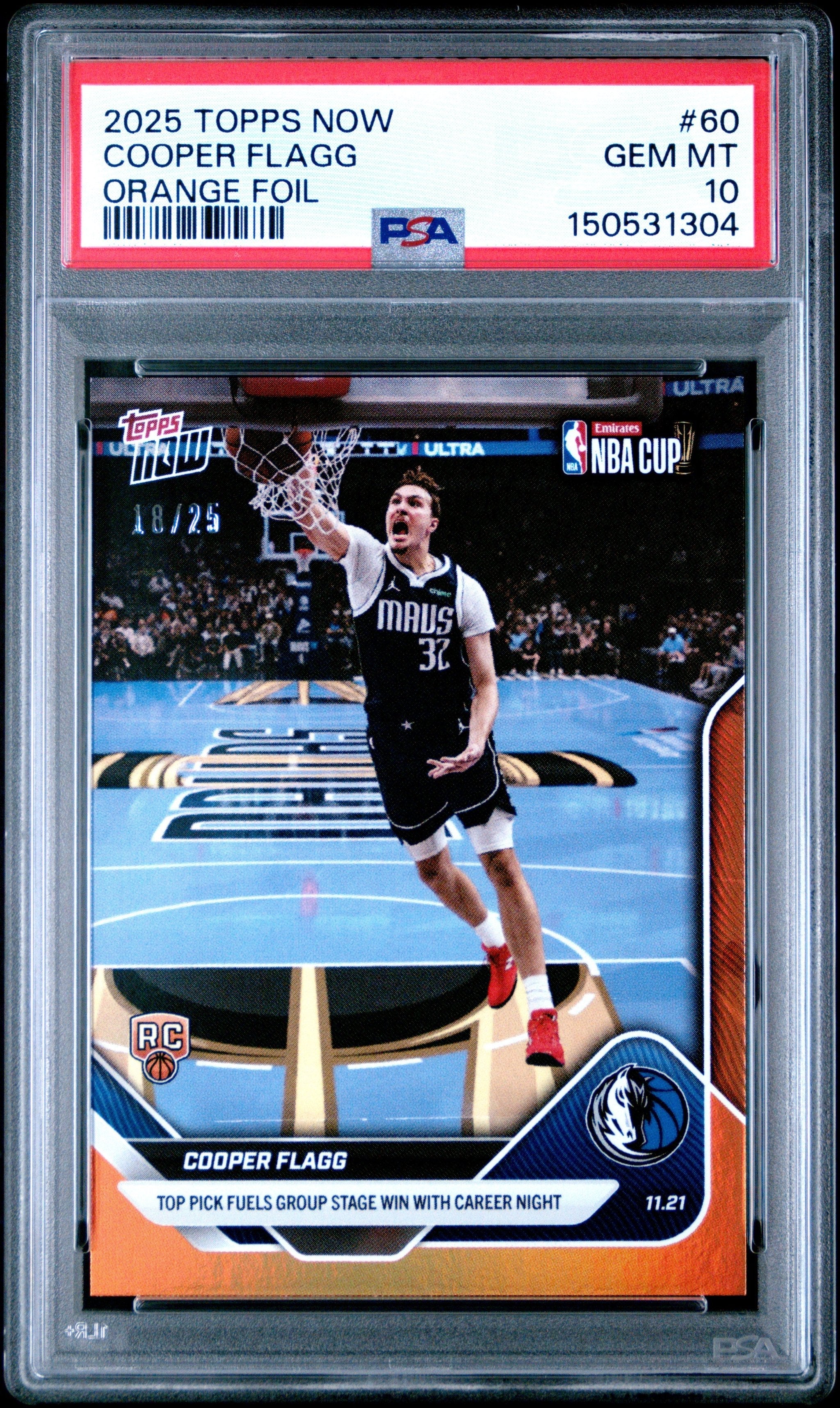 Graded 2025 Topps Now Cooper Flagg #60 Orange Foil /25 Rookie RC Basketball Card PSA 10 Gem Mint
