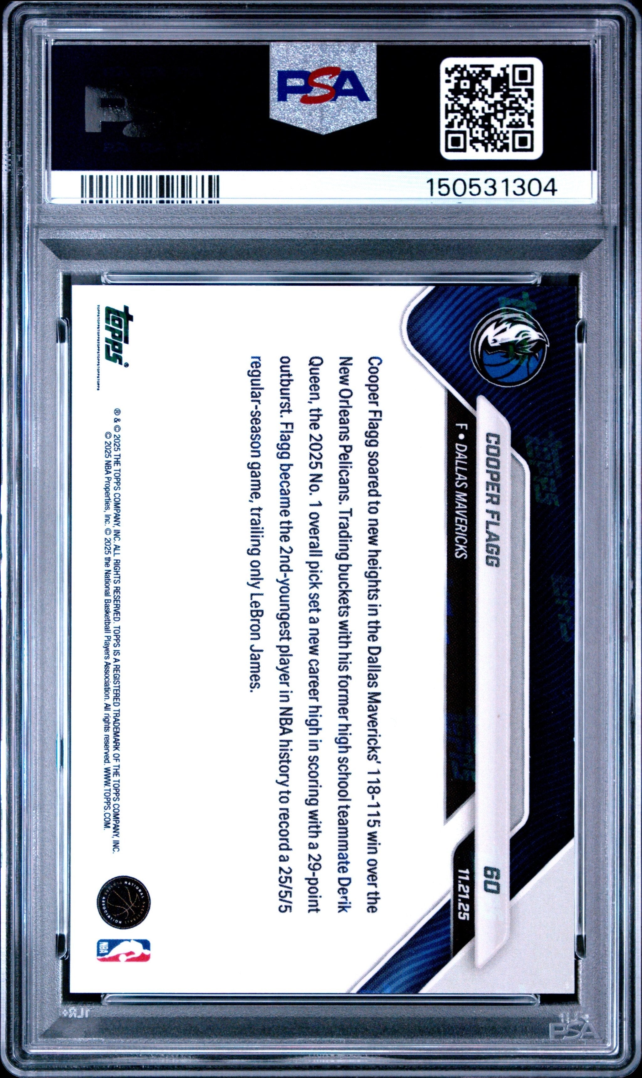 Graded 2025 Topps Now Cooper Flagg #60 Orange Foil /25 Rookie RC Basketball Card PSA 10 Gem Mint