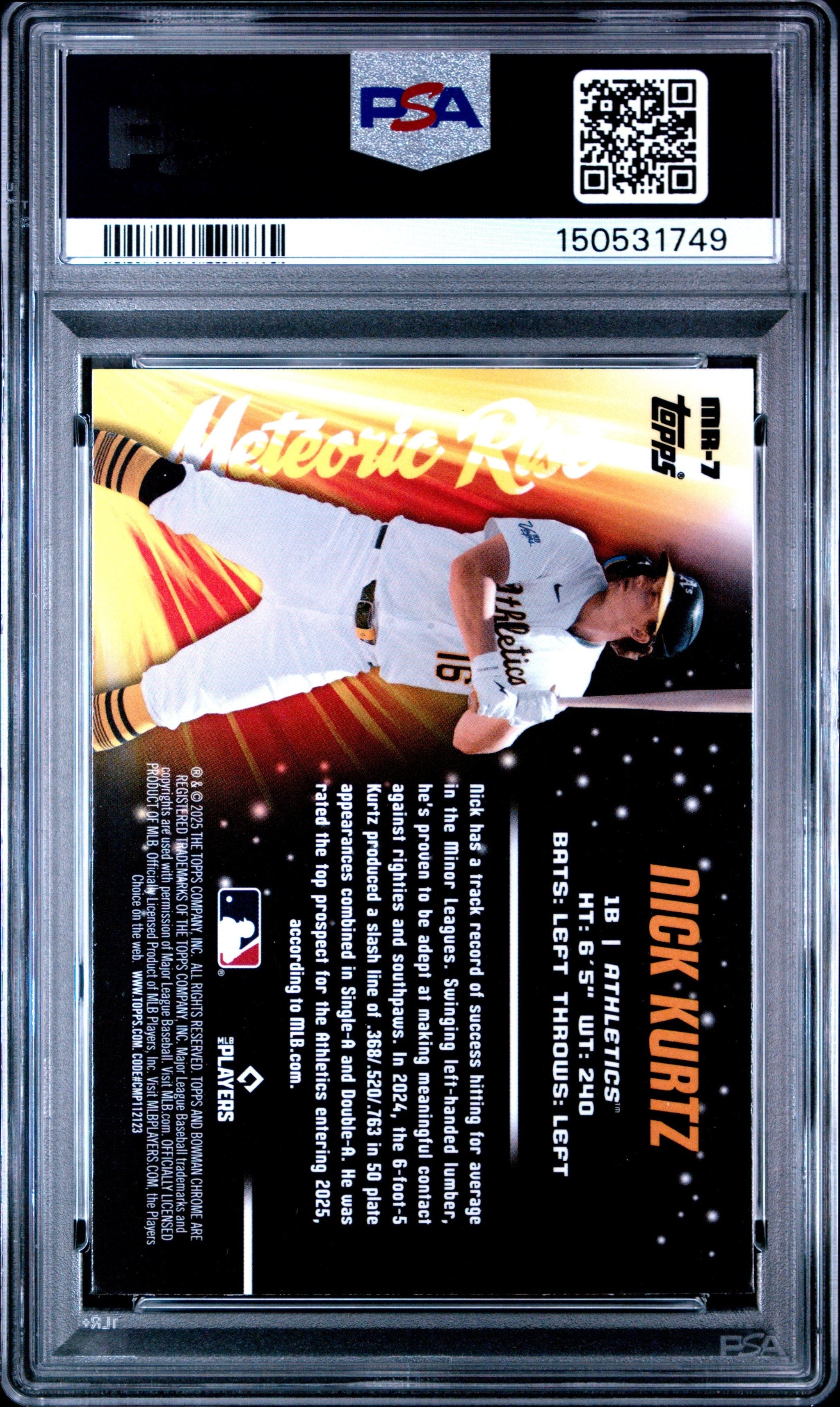 Graded 2025 Topps Bowman Chrome Nick Kurtz #MR7 Meteoric Rise Rookie RC Baseball Card PSA 10 Gem Mint