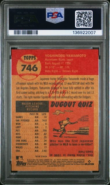Graded 2024 Topps Living Yoshinobu Yamamoto #746 Rookie RC Baseball Card PSA 10 Gem Mint