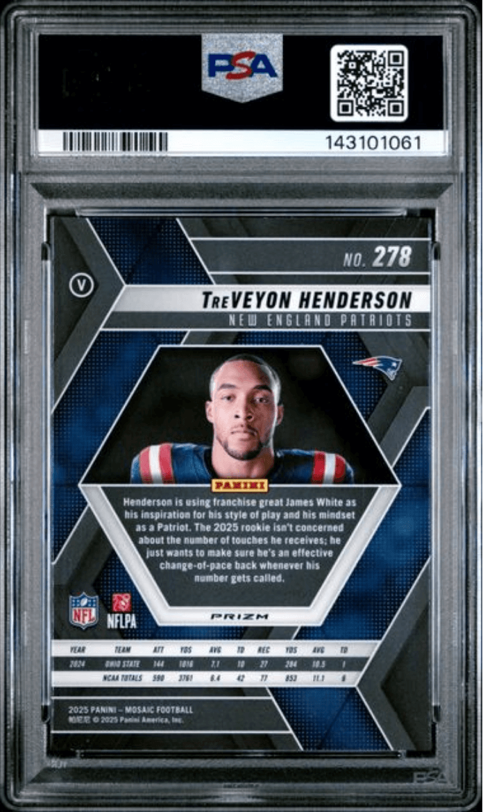 Graded 2025 Panini Mosaic TreVeyon Henderson #278 Red Camo Rookie RC Football Card PSA 10 Gem Mint