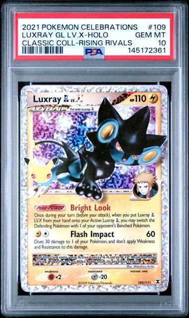 Graded 2021 PKM Celebrations Classic Collection Luxray GL LV. X Holo #109 Rising Rivals Trading Card Game PSA 10 Gem Mint