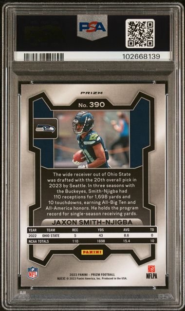 Graded 2023 Panini Prizm Jaxon Smith-Njigba #390 Lazer Prizm Rookie RC Football Card PSA 10 Gem Mint