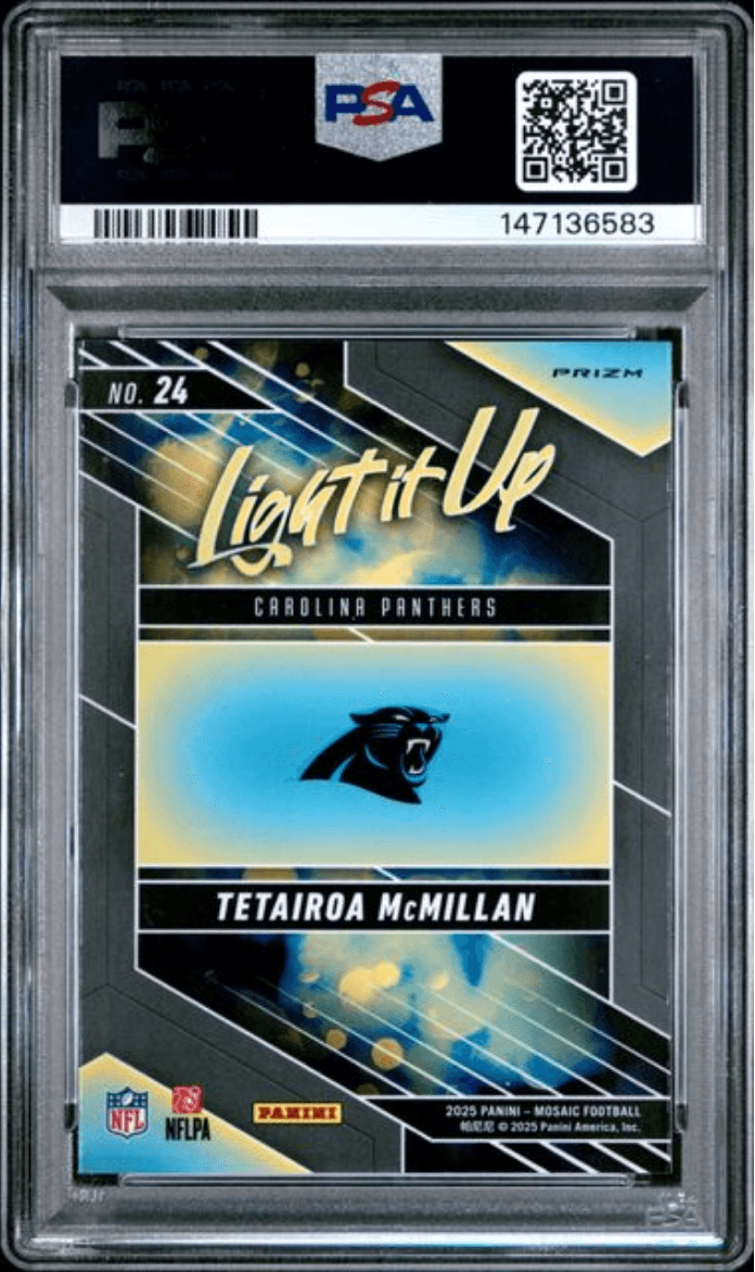 Graded 2025 Panini Mosaic Tetairoa McMillan #24 Light It Up Mosaic Rookie RC Football Card PSA 10 Gem Mint