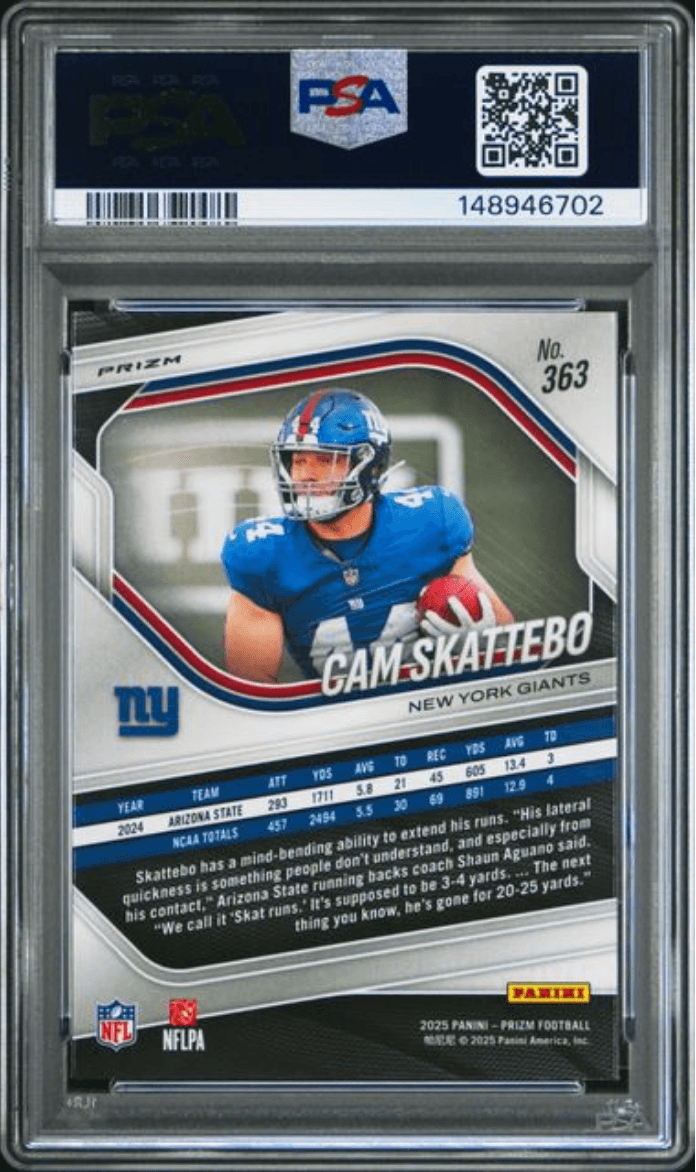 Graded 2025 Panini Prizm Cam Skattebo #363 Lazer Prizm Rookie RC Football Card PSA 10 Gem Mint