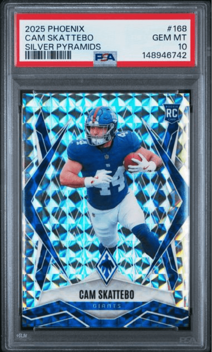 Graded 2025 Panini Phoenix Cam Skattebo #168 Silver Pyramids Rookie RC Football Card PSA 10 Gem Mint