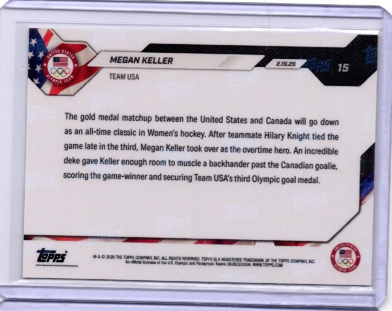 2026 Topps Now Olympics Megan Keller #15 Orange Foil /25 Team USA Hockey Card