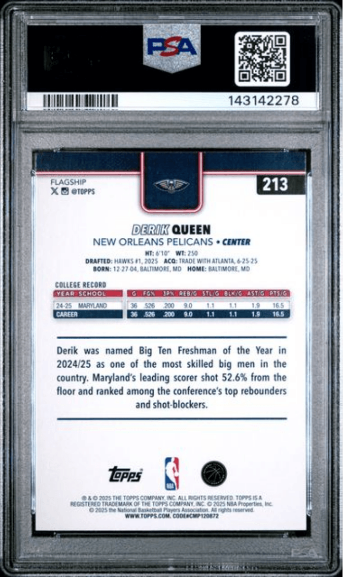 Graded 2025 Topps Derik Queen #213 Rookie RC Basketball Card PSA 10 Gem Mint