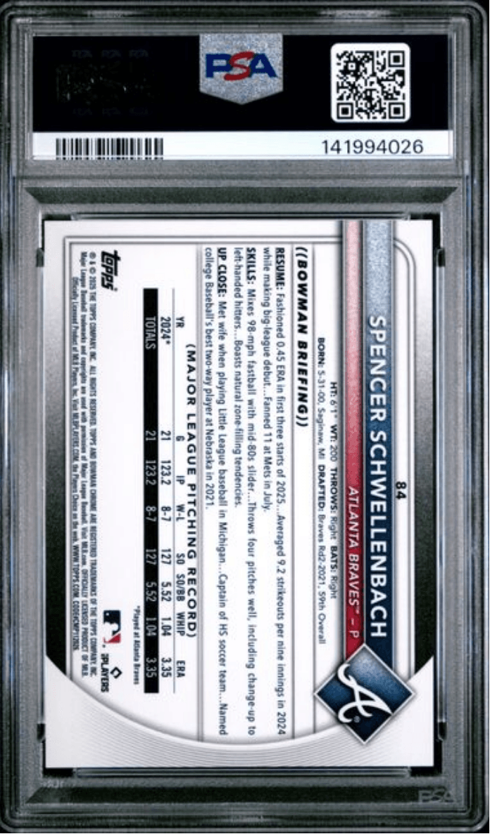 Graded 2025 Topps Bowman Chrome Spencer Schwellenbach #84 Gold Geometric /50 Rookie RC Baseball Card PSA 10 Gem Mint