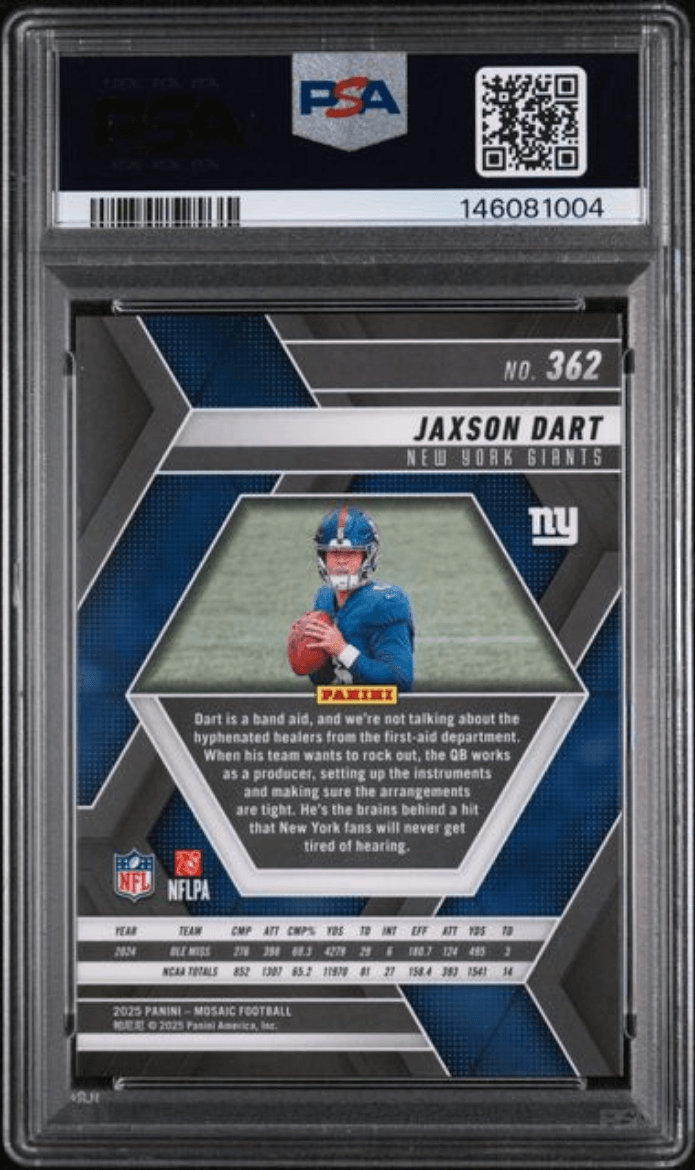 Graded 2025 Panini Mosaic Jaxson Dart #362 Rookie RC Football Card PSA 10 Gem Mint