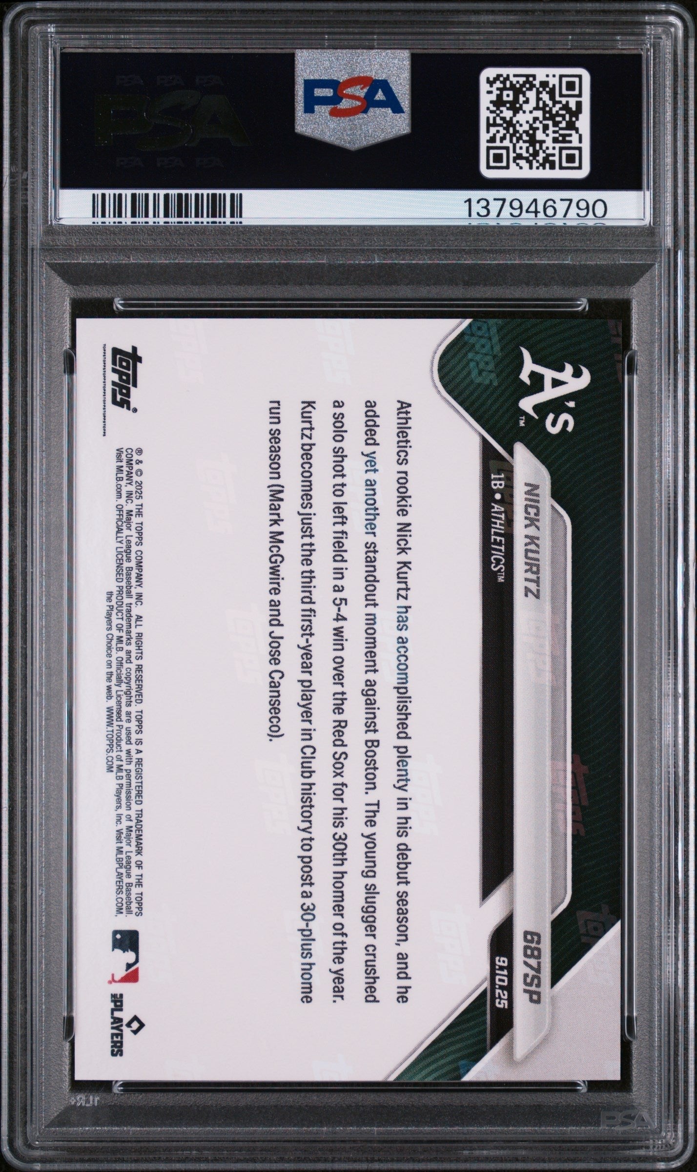 Graded 2025 Topps Now Nick Kurtz #687SP Rookie RC Baseball Card PSA 10 Gem Mint
