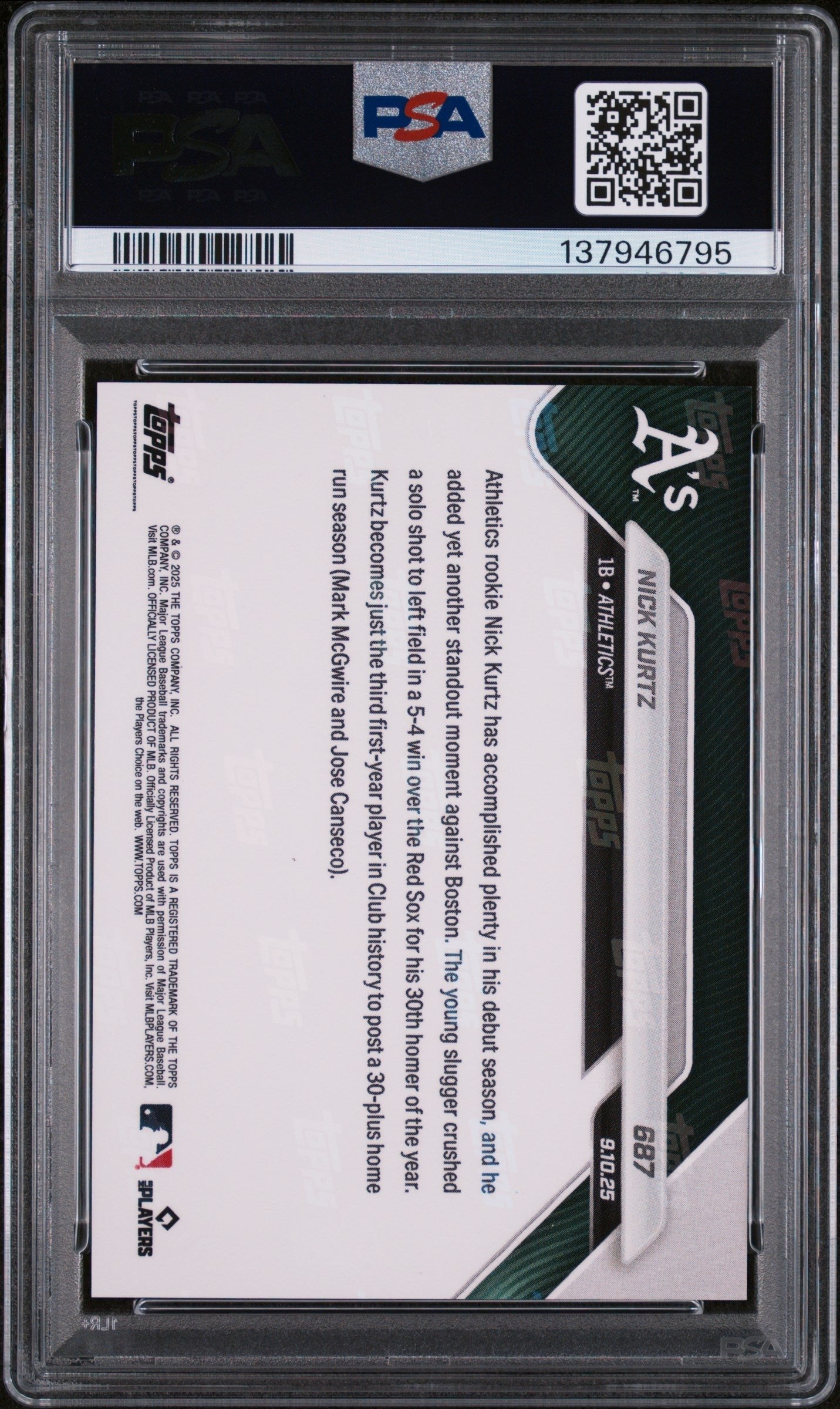 Graded 2025 Topps Now Nick Kurtz #687 Rookie RC Baseball Card PSA 10 Gem Mint
