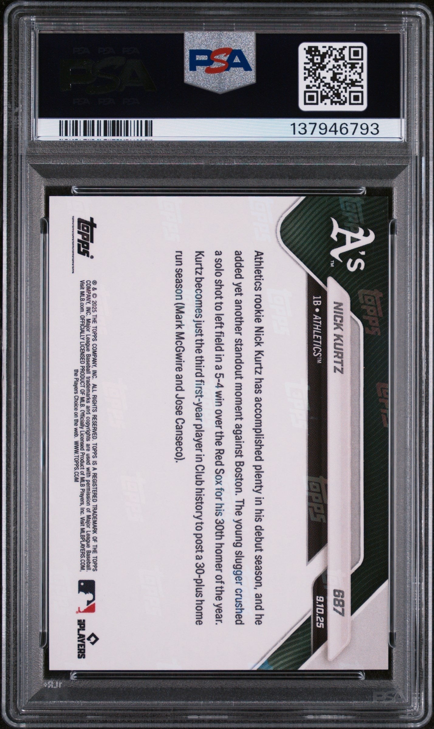 Graded 2025 Topps Now Nick Kurtz #687 Orange Foil /25 Rookie RC Baseball Card PSA 9 Mint
