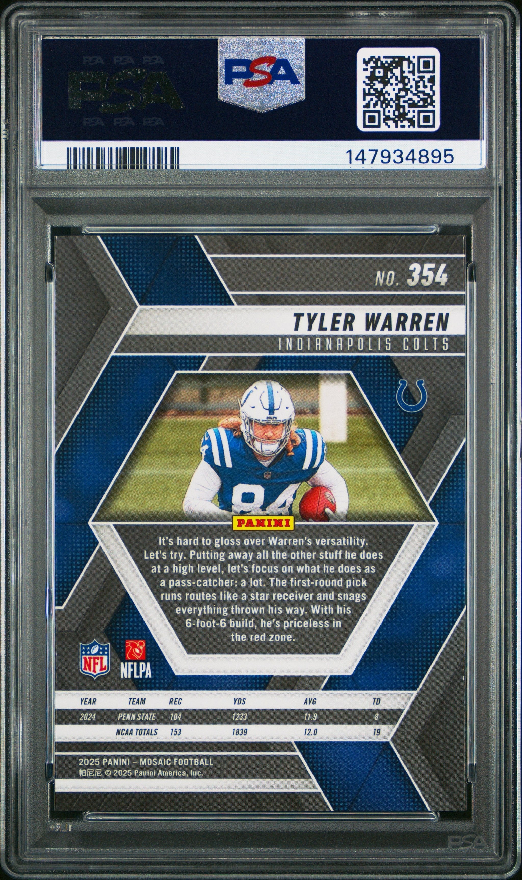 Graded 2025 Panini Mosaic Tyler Warren #354 Rookie RC Football Card PSA 9 Mint