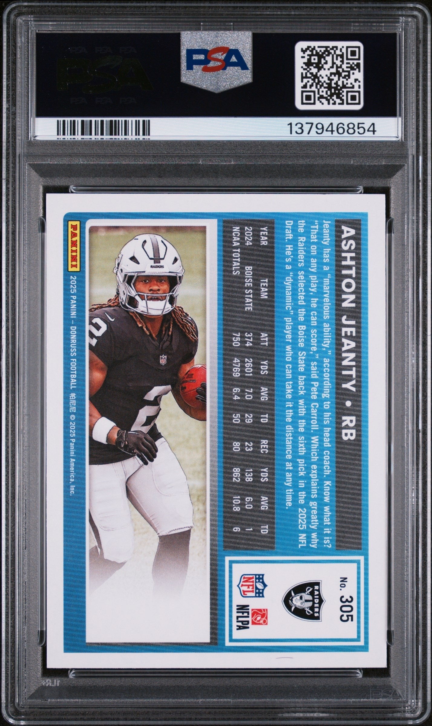 Graded 2025 Panini Donruss Ashton Jeanty #305 Rookie RC Football Card PSA 9 Mint