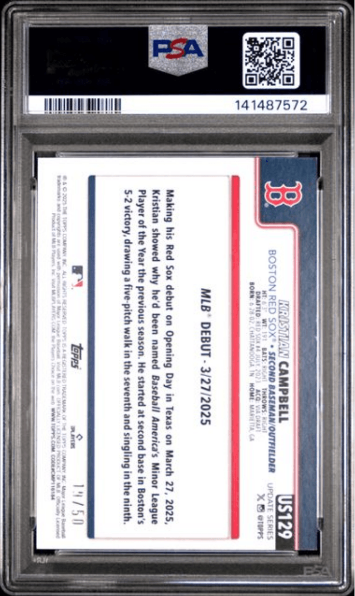 Graded 2025 Topps Update Kristian Campbell #129 Gold Rainbow Foil /50 Rookie RC Baseball Card PSA 10 Gem Mint