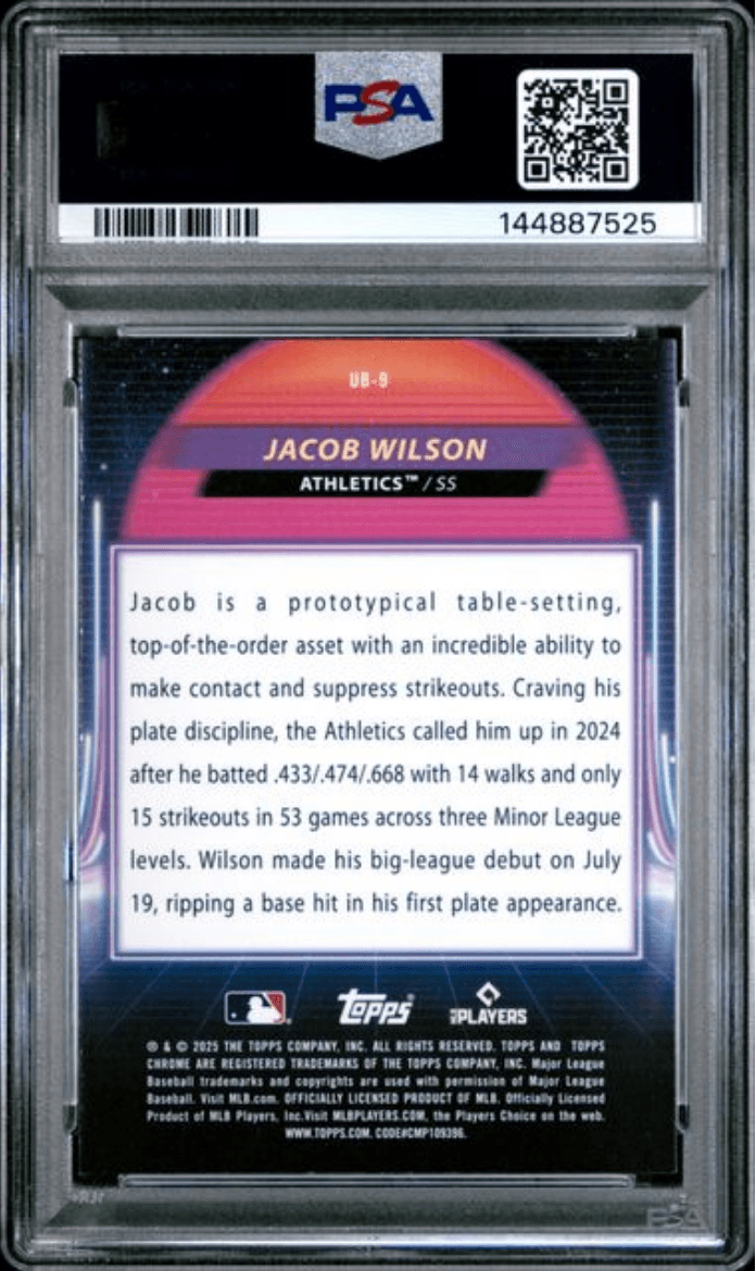 Graded 2025 Topps Cosmic Chrome Jacob Wilson #9 Ultraviolet Beam Rookie RC Baseball Card PSA 10 Gem Mint