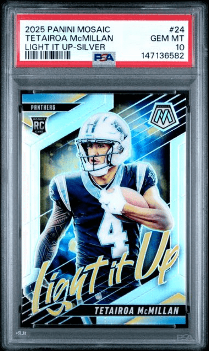 Graded 2025 Panini Mosaic Tetairoa McMillan #24 Light It Up Silver Rookie RC Football Card PSA 10 Gem Mint
