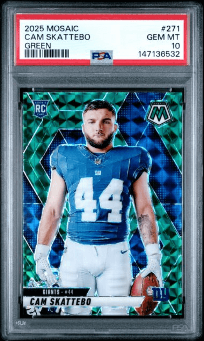 Graded 2025 Panini Mosaic Cam Skattebo #271 Green Rookie RC Football Card PSA 10 Gem Mint