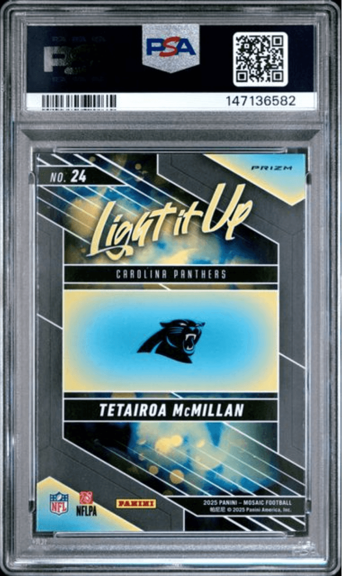 Graded 2025 Panini Mosaic Tetairoa McMillan #24 Light It Up Silver Rookie RC Football Card PSA 10 Gem Mint
