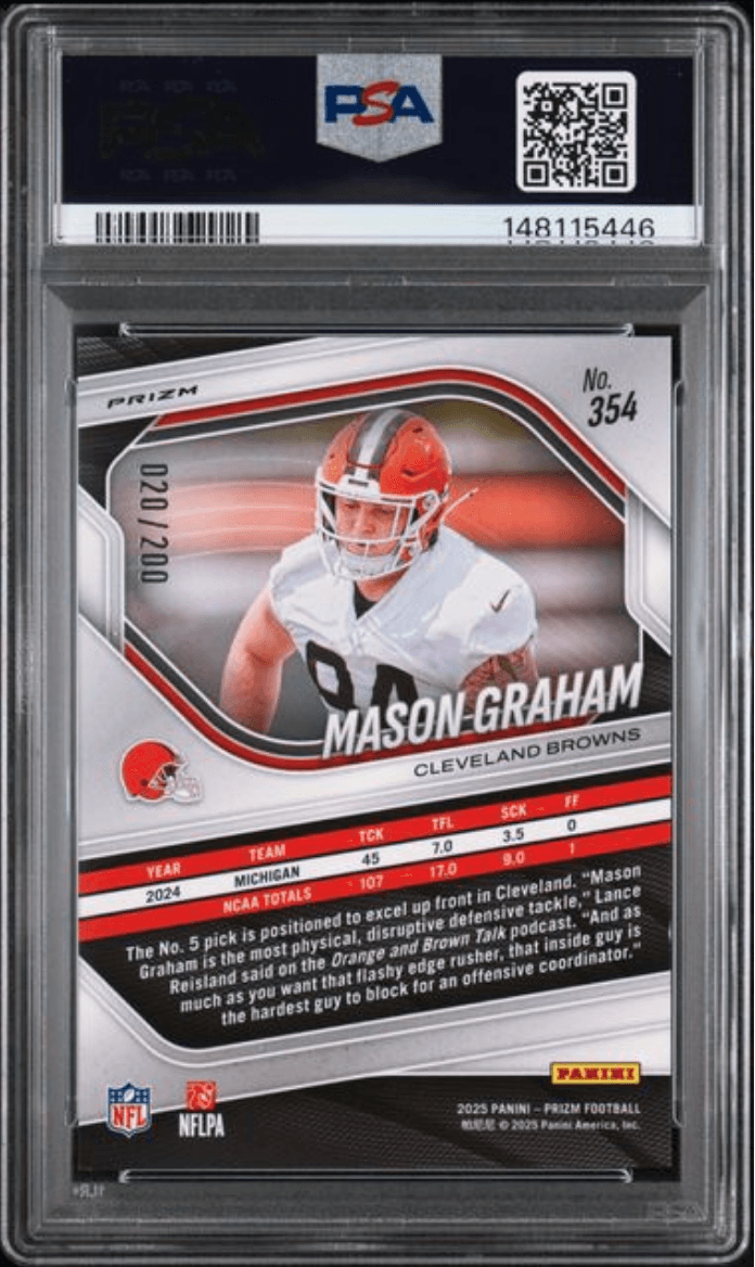 Graded 2025 Panini Prizm Mason Graham #354 Hyper Prizm /200 Rookie RC Football Card PSA 10 Gem Mint