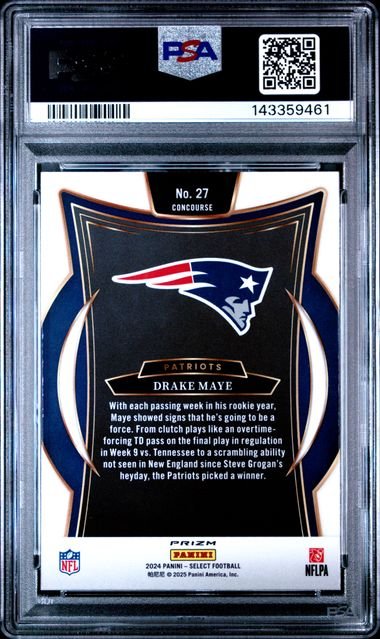 Graded 2024 Panini Select Drake Maye #27 Green & Yellow Shock Rookie RC Football Card PSA 9 Mint