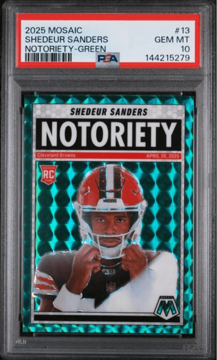 Graded 2025 Panini Mosaic Shedeur Sanders #13 Notoriety Green Rookie RC Football Card PSA 10 Gem Mint