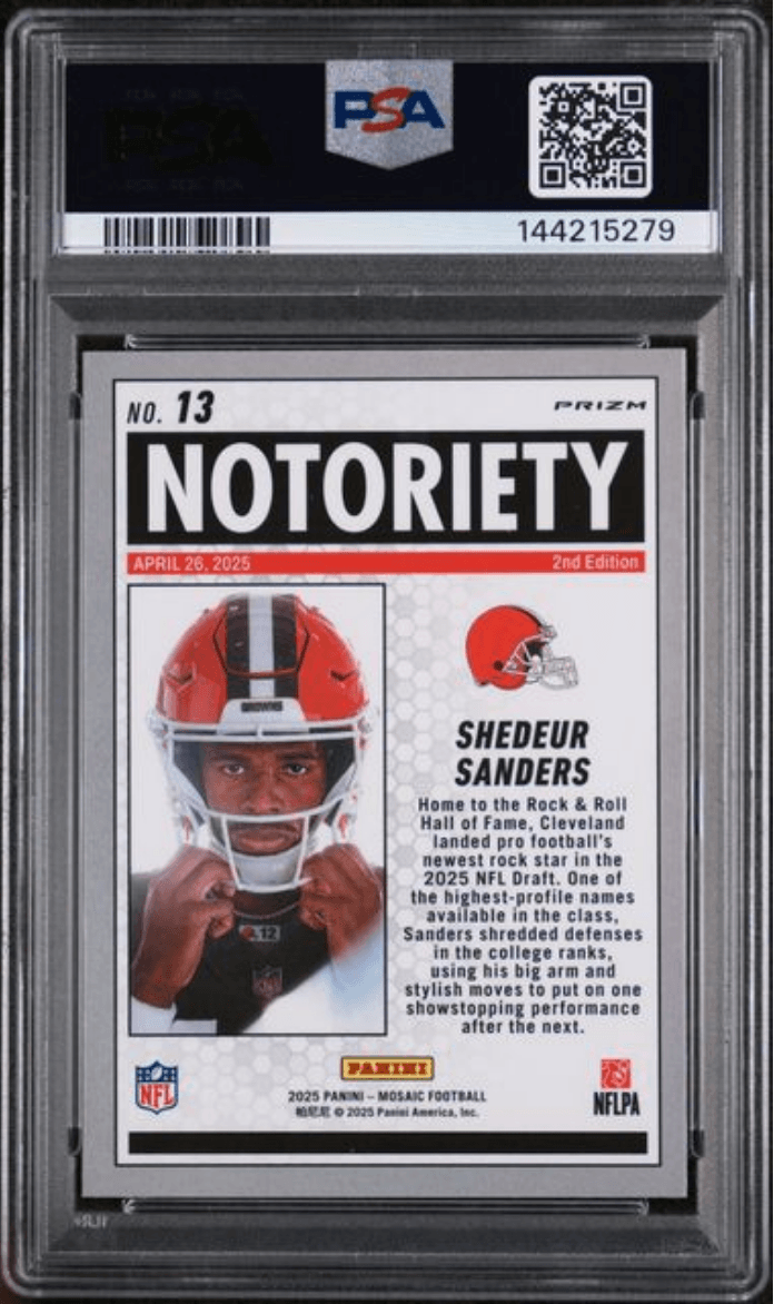 Graded 2025 Panini Mosaic Shedeur Sanders #13 Notoriety Green Rookie RC Football Card PSA 10 Gem Mint