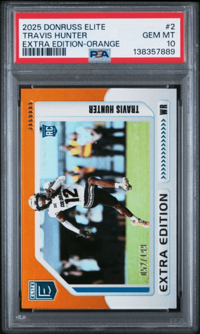 Graded 2025 Panini Donruss Elite Travis Hunter #2 Extra Edition Orange /199 Rookie RC Football Card PSA 10 Gem Mint