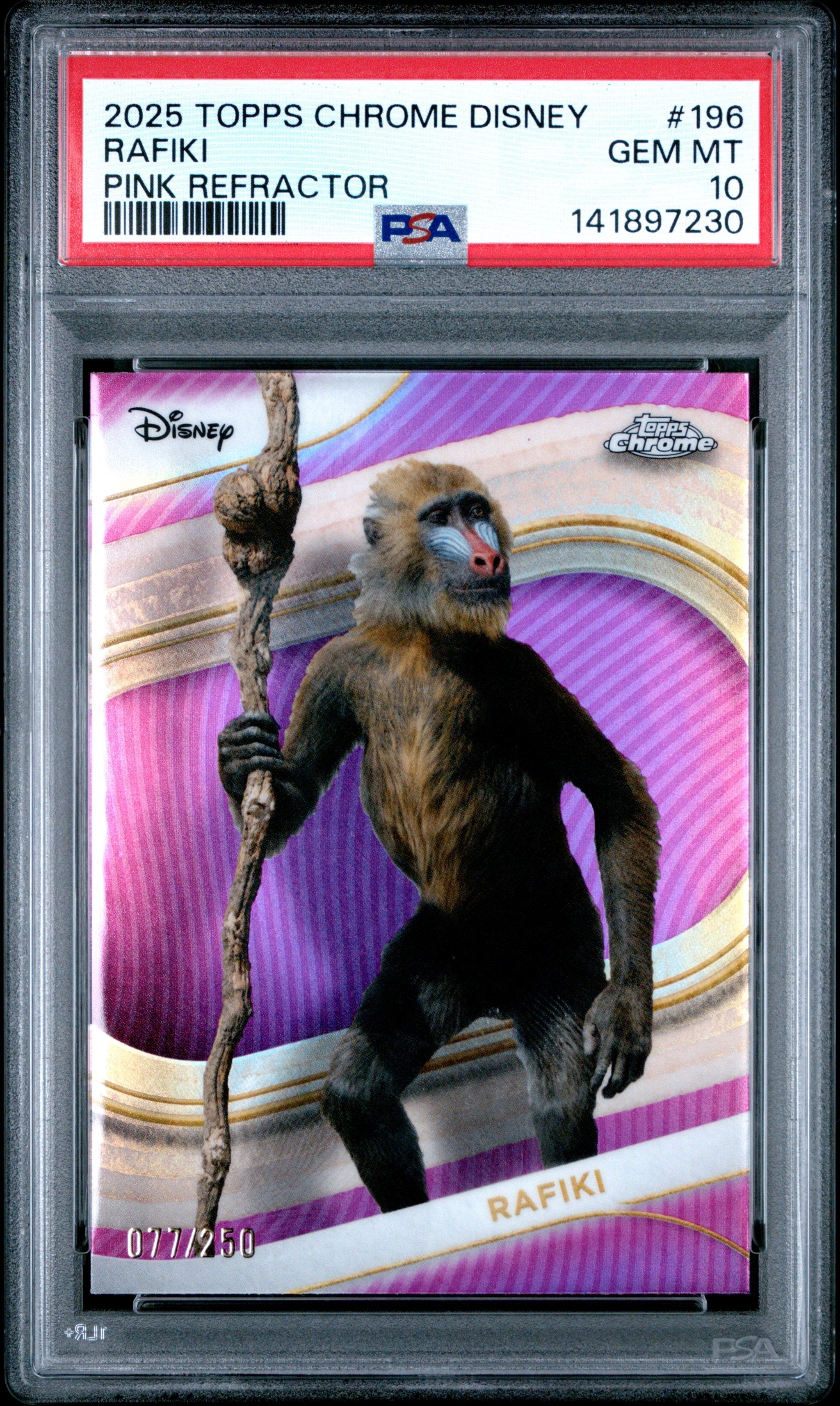 Graded 2025 Topps Chrome Disney Rafiki #196 Pink Refractor #/250 The Lion King Live Action Trading Card PSA 10 Gem Mint