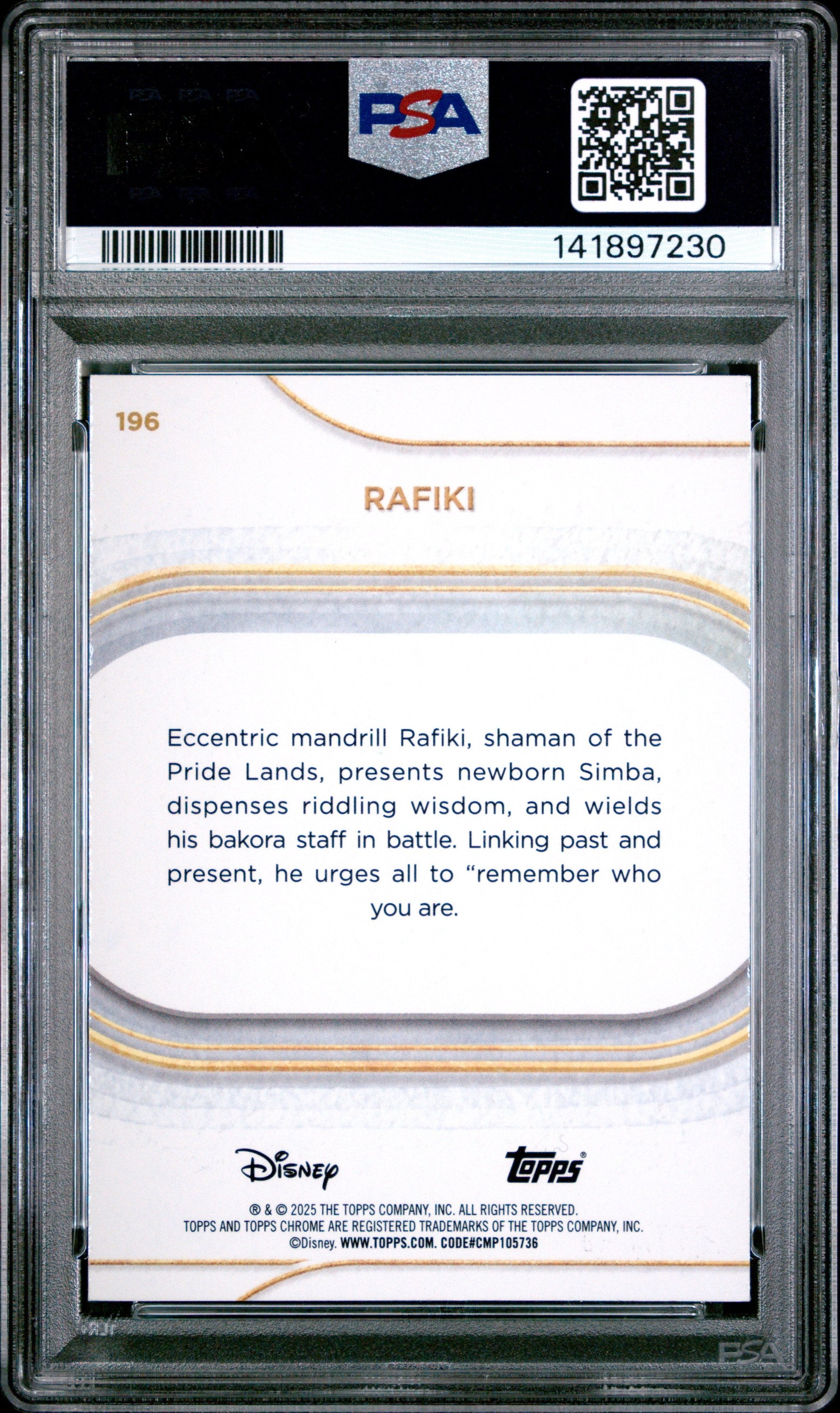 Graded 2025 Topps Chrome Disney Rafiki #196 Pink Refractor #/250 The Lion King Live Action Trading Card PSA 10 Gem Mint