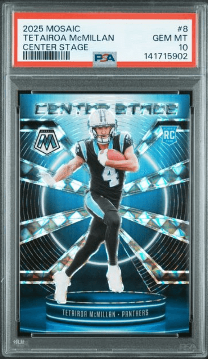 Graded 2025 Panini Mosaic Tetairoa McMillan #8 Center Stage Rookie RC Football Card PSA 10 Gem Mint