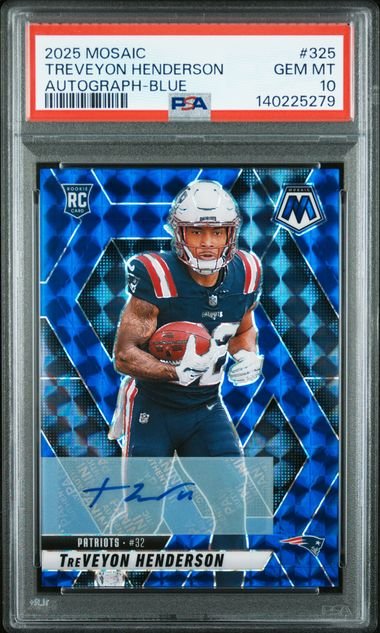 Graded 2025 Panini Mosaic TreVeyon Henderson #325 /99 Blue Autograph Rookie RC Football Card PSA 10 Gem Mint