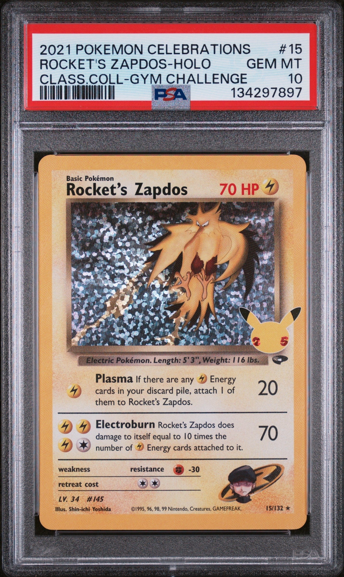 Graded 2021 PKM Celebrations Classic Collection Rocket's Zapdos HOLO #15 Gym Challenge Trading Card Game PSA 10 Gem Mint