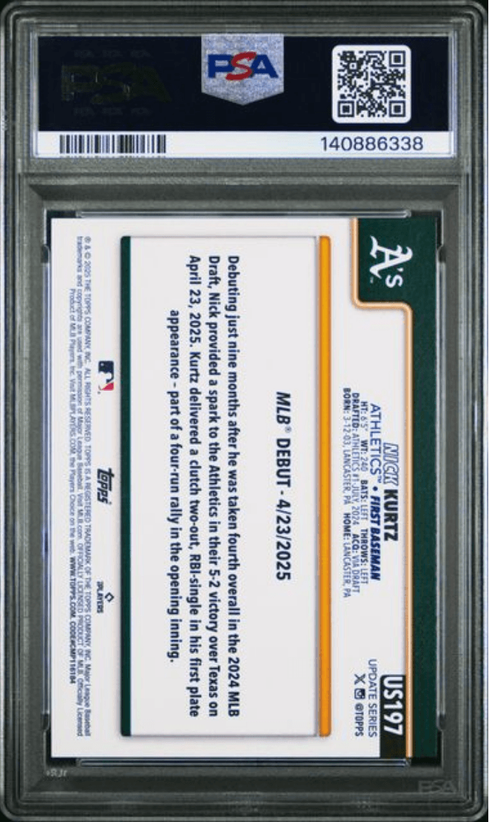 Graded 2025 Topps Update Nick Kurtz #197 Rookie RC Baseball Card PSA 10 Gem Mint