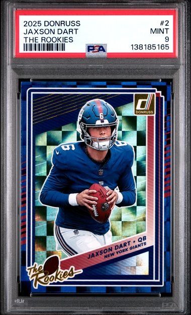 Graded 2025 Panini Donruss Jaxson Dart #2 The Rookies Rookie RC Football Card PSA 9 Mint
