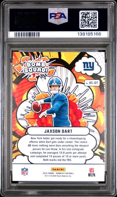 Graded 2025 Donruss Jaxson Dart #BSJDT Bomb Squad Rookie RC Football Card PSA 10 Gem Mint