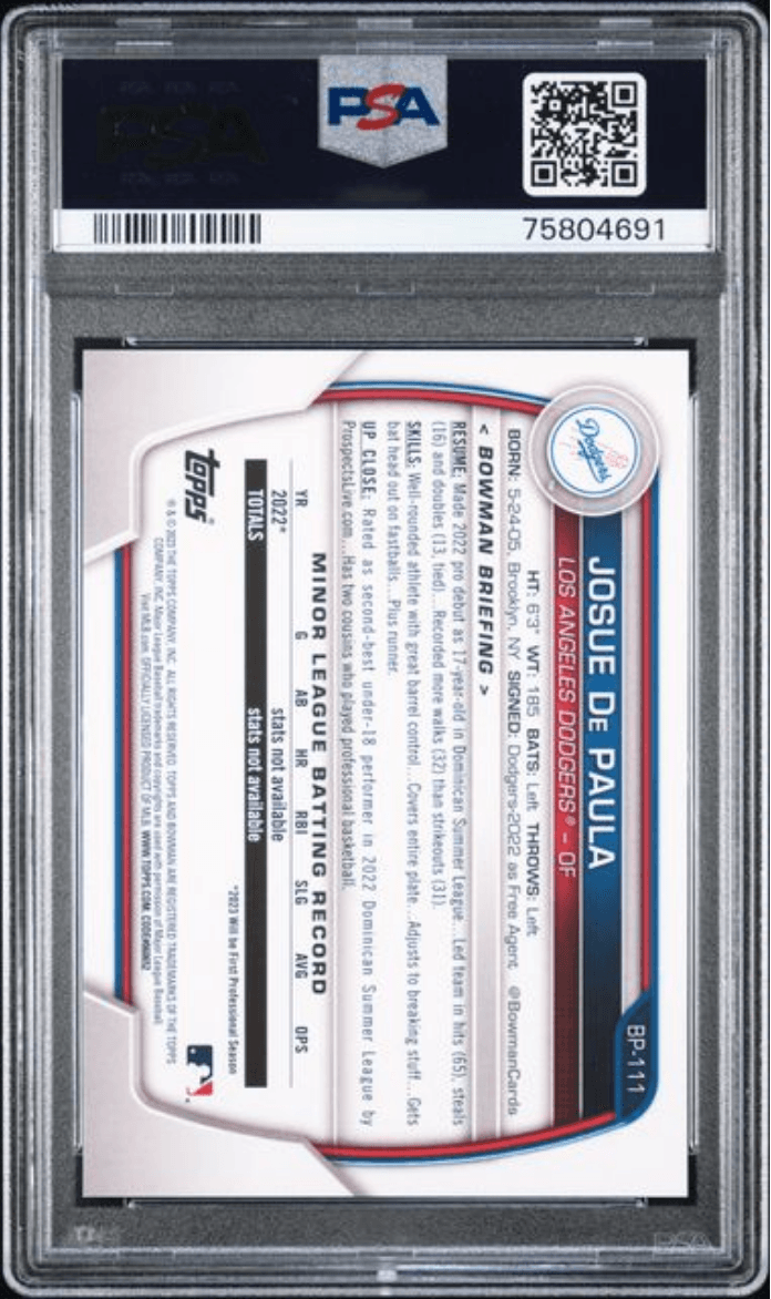 Graded 2023 Topps Bowman Josue De Paula #BP111 Paper Prospects Rookie RC Baseball Card PSA 10 Gem Mint