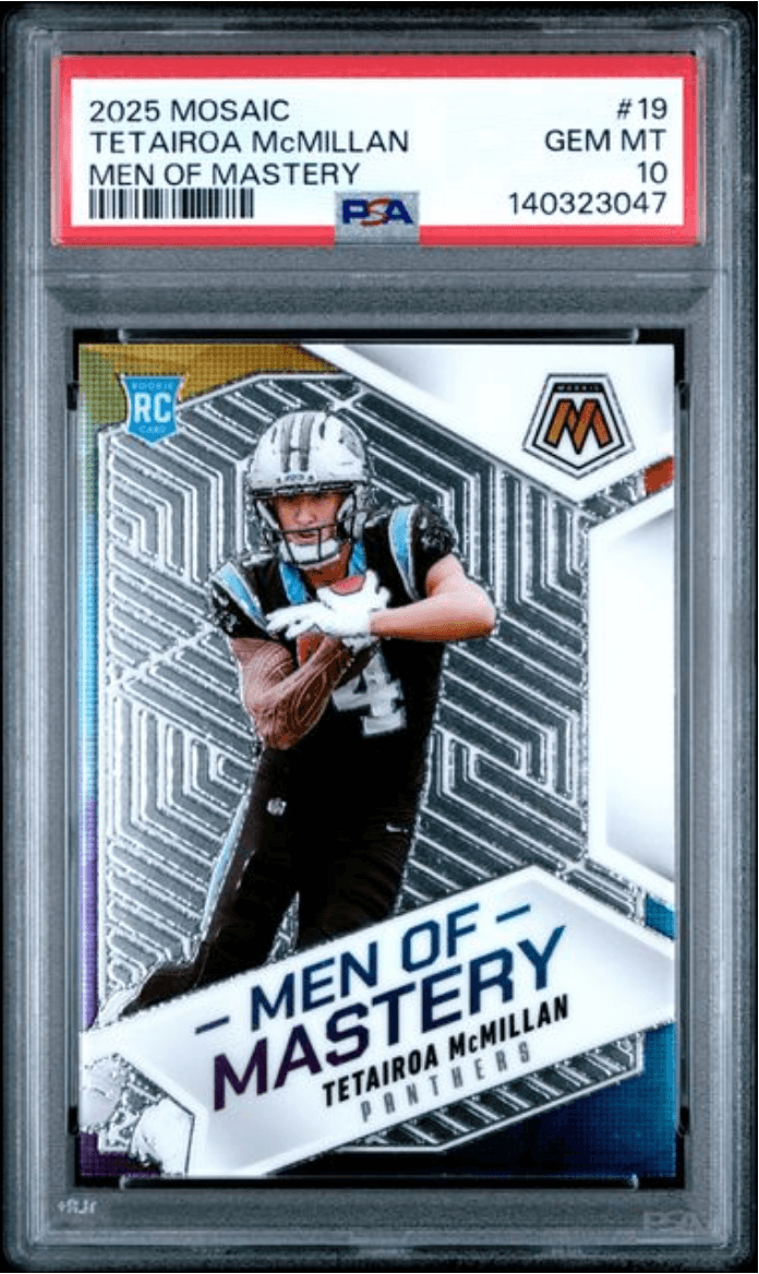Graded 2025 Panini Mosaic Tetairoa McMillan #19 Men of Mastery Rookie RC Football Card PSA 10 Gem Mint