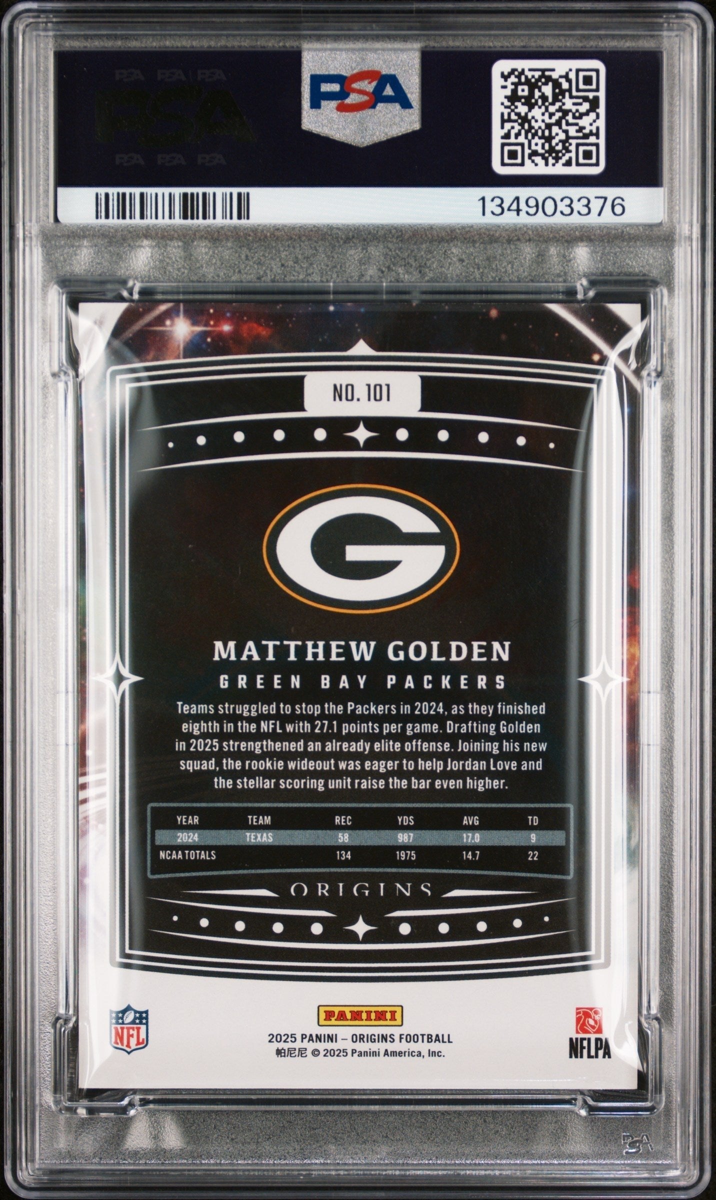 Graded 2025 Panini Origins Matthew Golden #101 Rookie RC Football Card PSA 8 Near Mint